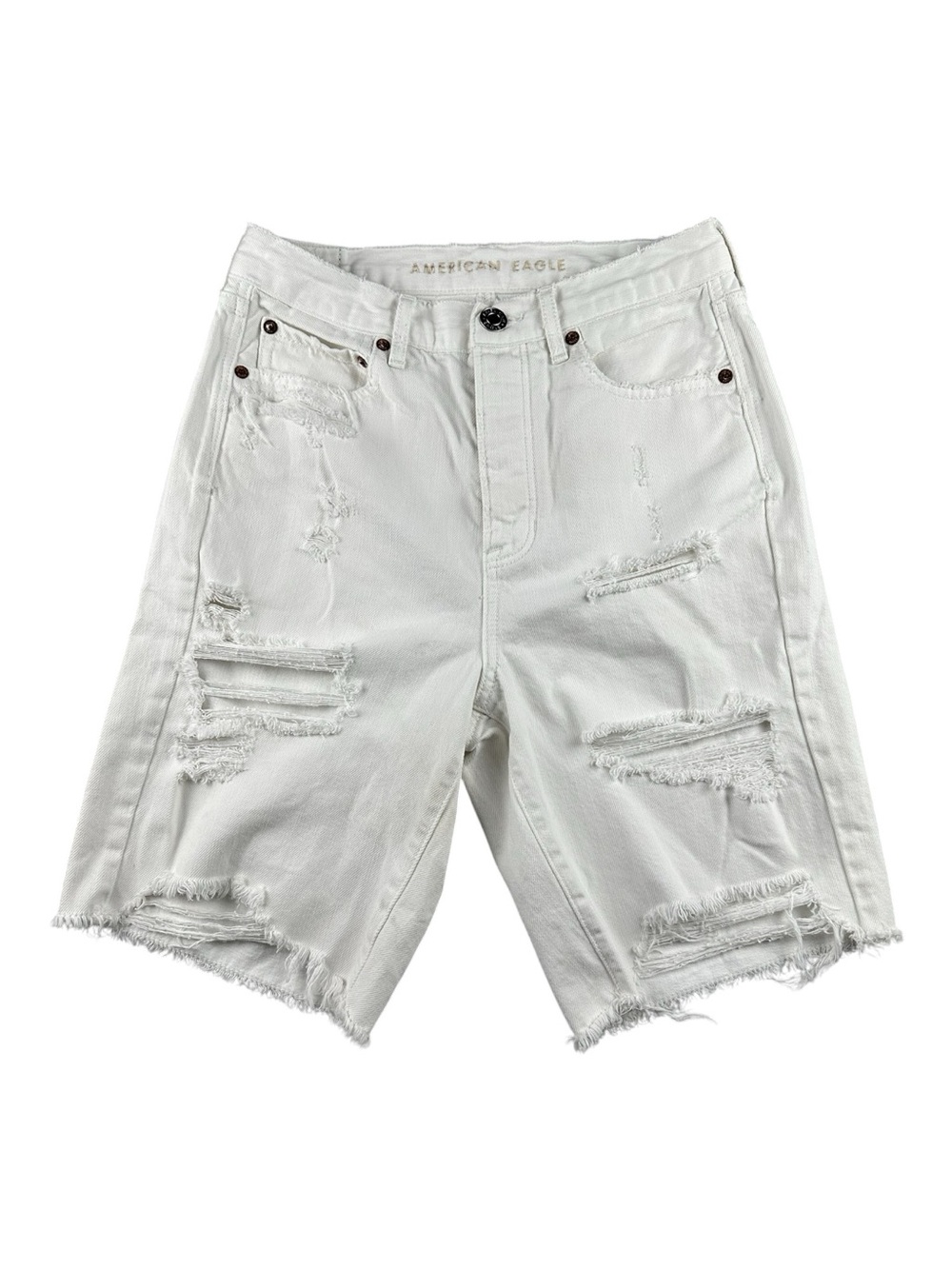 AE Sample Pre-production 90s Boyfriend Jorts White Denim Heavy Distressed Shorts - Picture 3 of 11